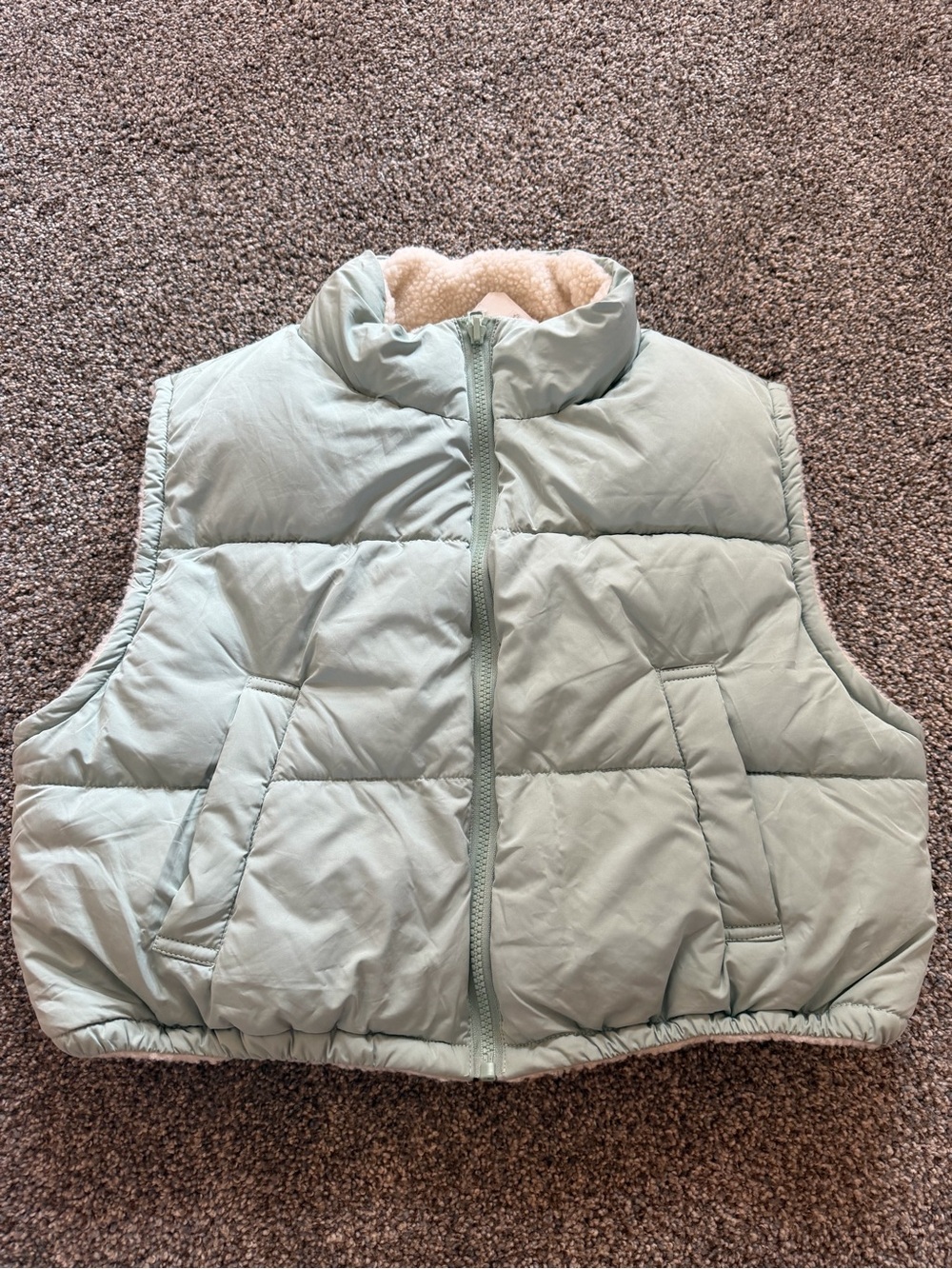 Altar'd State Light Sage Quilted Puffer Vest with Sherpa Collar